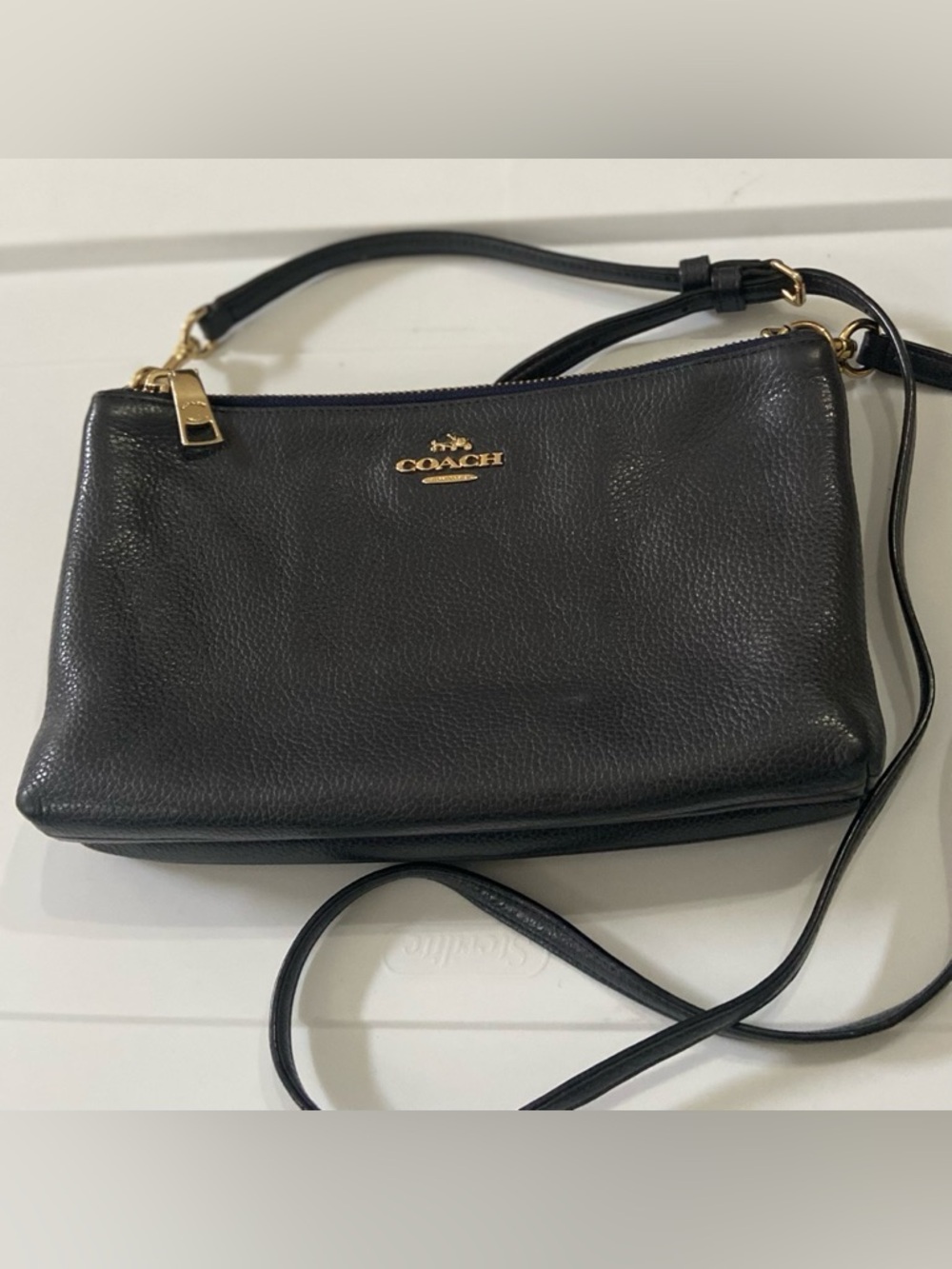 Coach 33273 Black Leather Double Zip Compartment Crossbody 9in x 6in x 1.5in